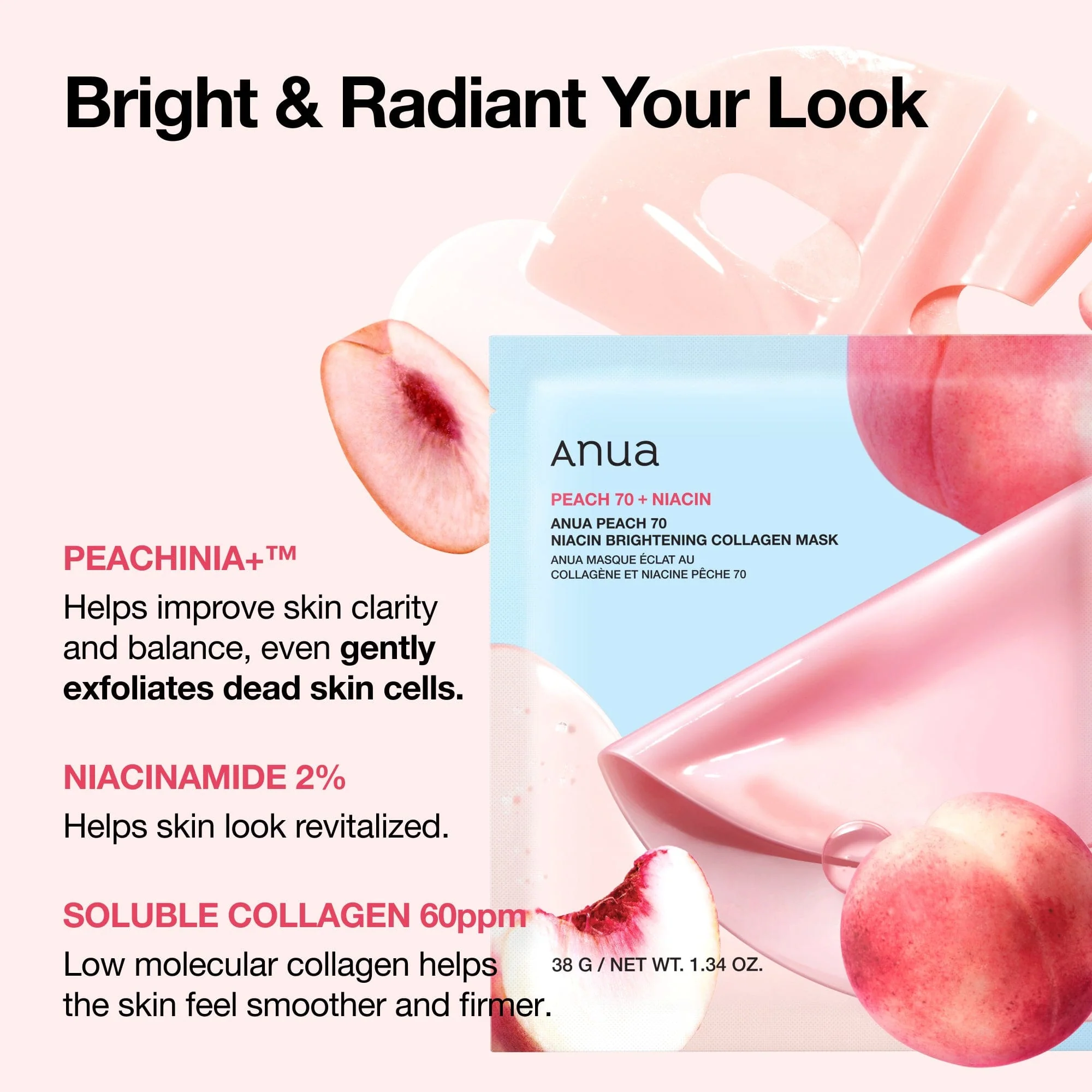 Anua US Sheet Mask 4ea Peach 70 Niacin Brightening Collagen Mask